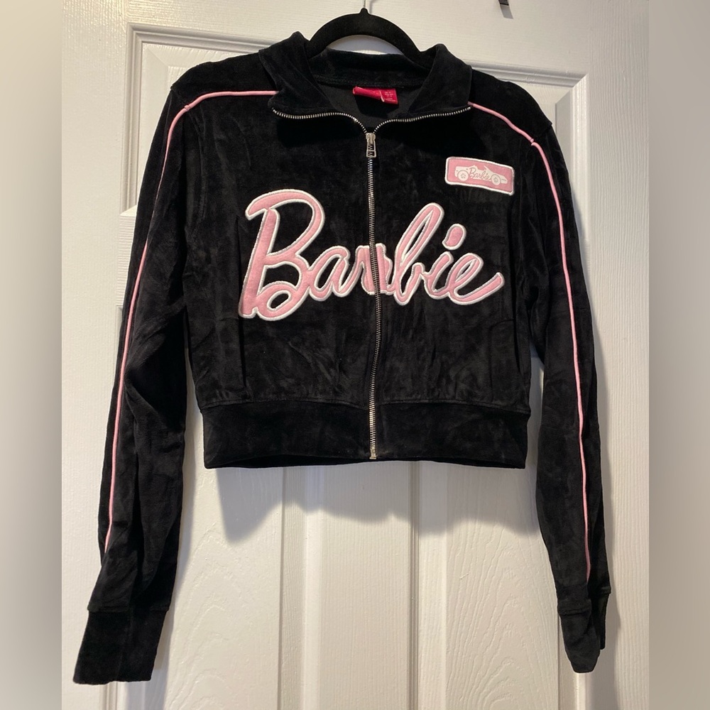 Barbie Black Velour Cropped Jacket with Pink Script & Piping